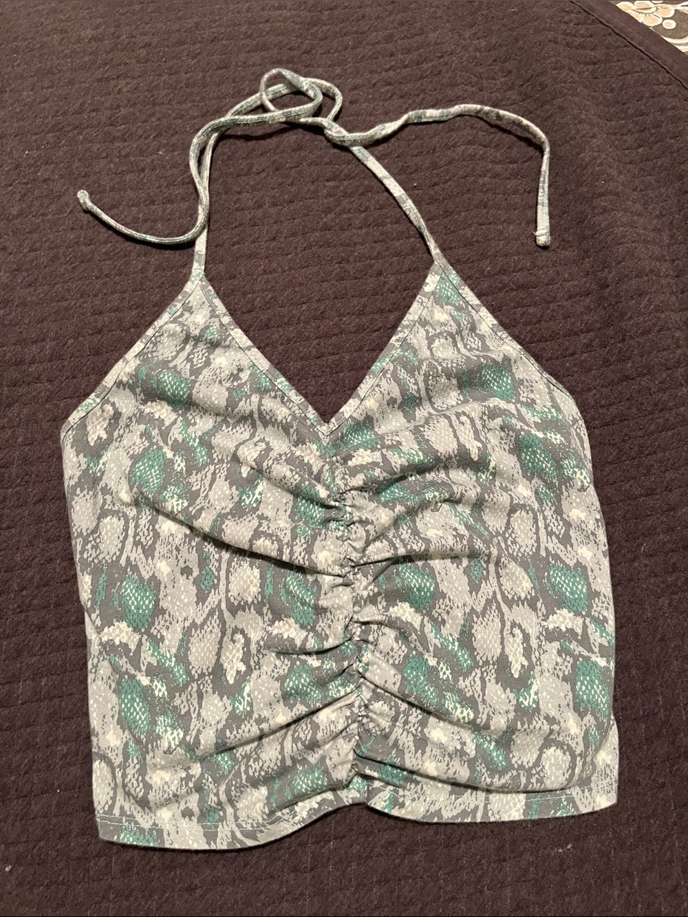 Urban Outfitters Halter Ruched Snake-Print Crop Top - Green & Gray